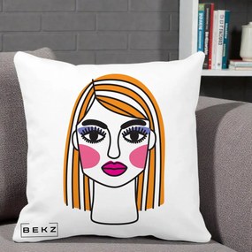 Perna Decorativa Portret Pop Art Fata, 40x40 cm, Alba Mata, Husa Detasabila, Perna Inclusa, BEKZ®