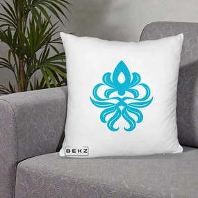 Perna Decorativa Ornament Turcoaz Fleur de Lis, 40x40 cm, Alb Pufos, Husa Detasabila, Perna Inclusa, BEKZ®