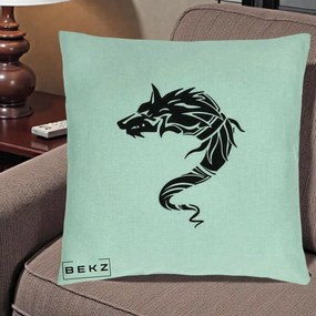 Perna Decorativa Lup Tribal Alb-Negru, 40x40 cm, Verde Menta, Husa Detasabila, Perna Inclusa, BEKZ®