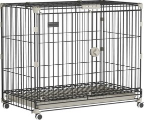 PawHut Cușcă pliabilă pentru câini, Tavă detașabilă, Roți cu frâne, Acoperiș rabatabil, Ușă de hrănire, 75,5x46x64,5cm, Negru | Aosom Romania