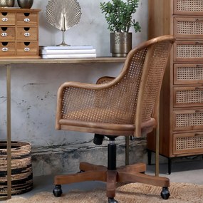 Scaun de birou, din lemn de mesteacan si rattan, cu spatar inalt, natur, cu aspect vintage
