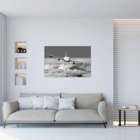 Tablou - Avion în nori, alb și negru (90x60 cm)