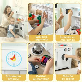 AIYAPLAY Bucătărie de Jucărie pentru Copii 3-6 Ani din Lemn cu Set de Accesorii, Chiuvetă și Butoane cu Sunete, Alb | Aosom Romania