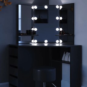 SEN223 - Set Masa neagra toaleta pentru colt, 110 cm, cosmetica machiaj oglinda masuta vanity pe colt cu sau fara LED, cu sau fara Scaun