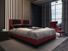 Pat matrimonial Boxspring 140 cm Pecos Comfort (Piele ecologică + Negru + roșu) (cu saltea și sp. depozitare). 1056266