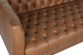 Canapea 3 locuri din piele cognac, cu spătar capitonat, picioare din metal auriu, aspect retro, 74 x 209 x 77 cm, „Odette”
