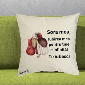 Cadou pentru Sora - Perna Personalizata Sora Mea Te Iubesc Doua Fete Iarna Acuarela, 40x40 cm, Ecru, Husa Detasabila, Perna Inclusa, BEKZ®