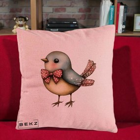 Perna Decorativa Pasare Bleu cu Fundita Rosie, 40x40 cm, Roz, Husa Detasabila, Perna Inclusa, BEKZ®