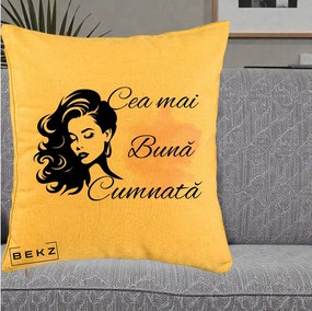 Cadou pentru Cumnata - Perna Personalizata Cea mai Buna Cumnata cu Silueta Dama si Pete Roz, 40x40 cm, Galben, Husa Detasabila, Perna Inclusa, BEKZ®
