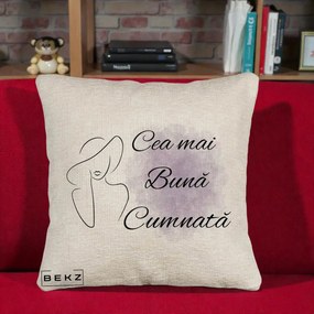 Cadou pentru Cumnata - Perna Personalizata Cea mai Buna Cumnata cu Silueta Dama si Pete Violet, 40x40 cm, Bej Canapea, Husa Detasabila, Perna Inclusa, BEKZ®