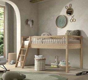 Pat Semi-Înălțat (Mid Sleeper) Forrest Beech 90x200 cm, pentru Camera Copii, din Lemn de Fag, cu Set Textil – Vipack