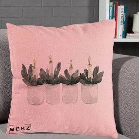 Perna Decorativa Lumanari in Borcane cu Eucalipt, 40x40 cm, Roz, Husa Detasabila, Perna Inclusa, BEKZ®