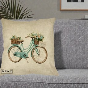 Perna Decorativa Bicicleta Teal cu Cosuri Duble de Flori Vintage, 40x40 cm, Crem, Husa Detasabila, Perna Inclusa, BEKZ®