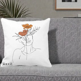 Perna Decorativa Portret Feminin Doua Flori, 40x40 cm, Alba Mata, Husa Detasabila, Perna Inclusa, BEKZ®
