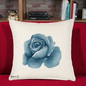 Perna Decorativa Trandafir Albastru Acuarela, 40x40 cm, Crem Reliefat, Husa Detasabila, Perna Inclusa, BEKZ®