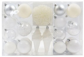 Set 44 de globuri albe,argintii si transparente,plastic