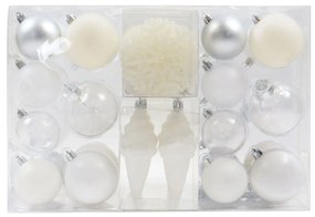 Set 44 de globuri albe,argintii si transparente,plastic