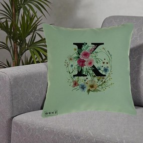 Cadou Personalizat - Perna Personalizata Monogram Litera K cu Flori Acuarela, 40x40 cm, Verde, Husa Detasabila, Perna Inclusa, BEKZ®