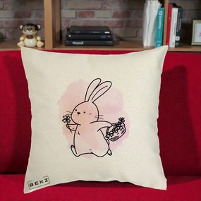 Perna Decorativa Iepuras Kawaii cu Cosulet Floral, 40x40 cm, Ecru, Husa Detasabila, Perna Inclusa, BEKZ®