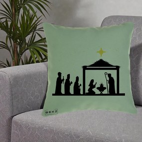Perna Decorativa Nasterea Pruncului Silueta Neagra si Stea Aurie, 40x40 cm, Verde, Husa Detasabila, Perna Inclusa, BEKZ®