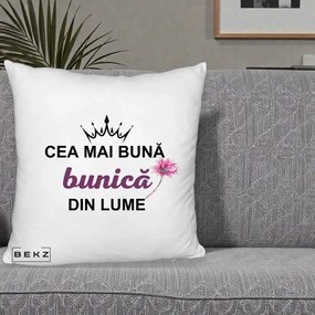 Cadou pentru Bunica - Perna Personalizata Cea Mai Buna Bunica Din Lume Coroana Mov Floare Roz, 40x40 cm, Alb Pufos, Husa Detasabila, Perna Inclusa, BEKZ®
