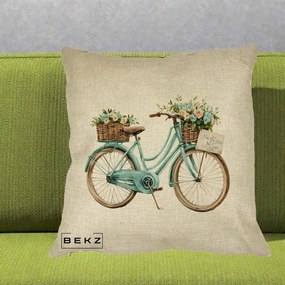 Perna Decorativa Bicicleta Teal cu Cosuri Duble de Flori Vintage, 40x40 cm, Crem, Husa Detasabila, Perna Inclusa, BEKZ®
