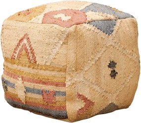 Puf kilim cubic din bumbac și cânepă, multicolor, cu romburi conturate în relief, 50 x 50 x 50 cm, „Summer End”