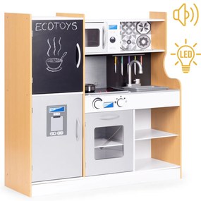 Bucătărie de jucărie din lemn cu sunet și bord LED accesorii metalice