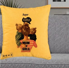Cadou pentru Mama - Perna Personalizata Super Mama Mom of Girls, 40x40 cm, Galben, Husa Detasabila, Perna Inclusa, BEKZ®