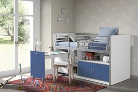 Pat etajat din pal si metal cu birou incorporat si 2 usi, pentru copii Bonny Alb Bleu, 200 x 90 cm