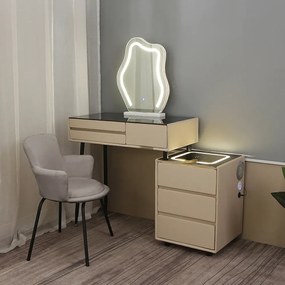 RESIGILAT- Set ISIDORE, Masă de toaletă pentru machiaj, incarcare Wireless+USB, oglindă iluminată LED, control touch, trei tipuri culoare, 6 sertare, comodă iluminata LED, difuzor Bluetooth, scaun, 80 cm