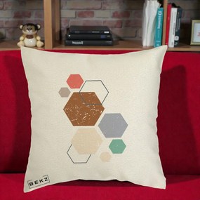 Perna Decorativa Geometric Hexagoane Multicolor, 40x40 cm, Ecru, Husa Detasabila, Perna Inclusa, BEKZ®