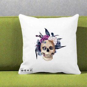 Perna Decorativa Craniu Floral cu Trandafiri si Ciuperci, 40x40 cm, Alba Mata, Husa Detasabila, Perna Inclusa, BEKZ®