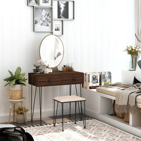 HOMCOM Masa de toaleta cu Oglinda Stil Industrial Lumini tip LED si Taburet Culoare Nuc