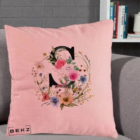 Cadou Personalizat - Perna Personalizata Monogram Litera S cu Flori Acuarela, 40x40 cm, Roz, Husa Detasabila, Perna Inclusa, BEKZ®