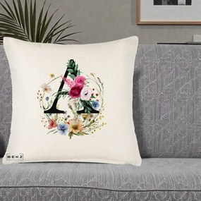 Cadou Personalizat - Perna Personalizata Monogram Litera A cu Flori Acuarela, 40x40 cm, Crem Reliefat, Husa Detasabila, Perna Inclusa, BEKZ®