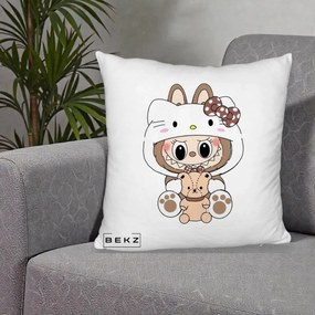 Perna Personalizata Labubu x Hello Kitty Maro-Vintage, 40x40 cm, Alb Pufos, Husa Detasabila, Perna Inclusa, BEKZ®