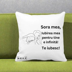 Cadou pentru Sora - Perna Personalizata Sora Mea Te Iubesc Line Art Portrete Fata in Fata, 40x40 cm, Alba Mata, Husa Detasabila, Perna Inclusa, BEKZ®