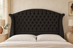 Pat tapițat Chesterfield din catifea Sorella Simple 160×200 cm, negru, cu ladă de depozitare