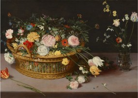 Tablou pe sticlă - Jan Brueghel the Elder, Flowers in a Basket and a Vase, reproducere (70x50 cm)