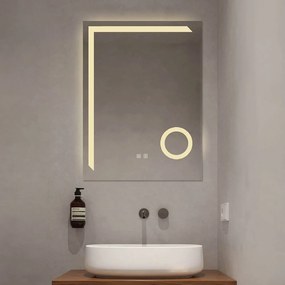 Oglindă LED Dreptunghiulară (60x80 cm), 3 Moduri Iluminare (Lumină Rece, Naturală, Caldă), Intensitate Reglabilă, Funcție Dezaburire, Lupă Cosmetică, Control Tactil (Touch)