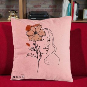 Perna Decorativa Portret Feminin Floare Bej Terracotta, 40x40 cm, Roz, Husa Detasabila, Perna Inclusa, BEKZ®