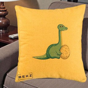 Perna Decorativa Brontosaur cu Ou, 40x40 cm, Galben, Husa Detasabila, Perna Inclusa, BEKZ®