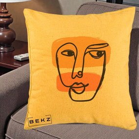 Perna Decorativa Portret Abstract Line Art Portocaliu, 40x40 cm, Galben, Husa Detasabila, Perna Inclusa, BEKZ®