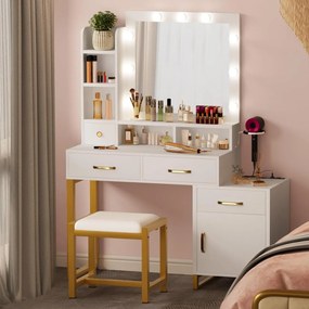 SEA457 - Set Masa toaleta 107 cm cosmetica machiaj, oglinda cu LED, masuta vanity cu scaun tapitat, Priza, USB, suport uscator - Alb - Auriu