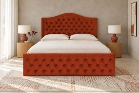Pat tapițat Chesterfield din catifea Solaria Deluxe 200×200 cm, cărămiziu, cu ladă de depozitare