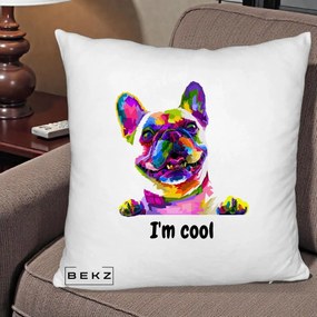 Perna Personalizata Bulldog Francez I'm Cool, 40x40 cm, Alb Pufos, Husa Detasabila, Perna Inclusa, BEKZ®