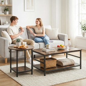 HOMCOM Set mese de cafea, 2 piese, masă dreptunghiulară și rotundă cu depozitare în 2 nivele, maro rustic | Aosom Romania