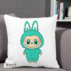 Perna Personalizata Labubu Turcoaz, 40x40 cm, Alba Mata, Husa Detasabila, Perna Inclusa, BEKZ®
