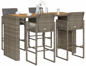 vidaXL Set mobilier bar de grădină, cu perne, 5 piese, gri, poliratan